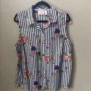 Chico's Floral Striped Sleeveless Blouse - Black, White, and Purple